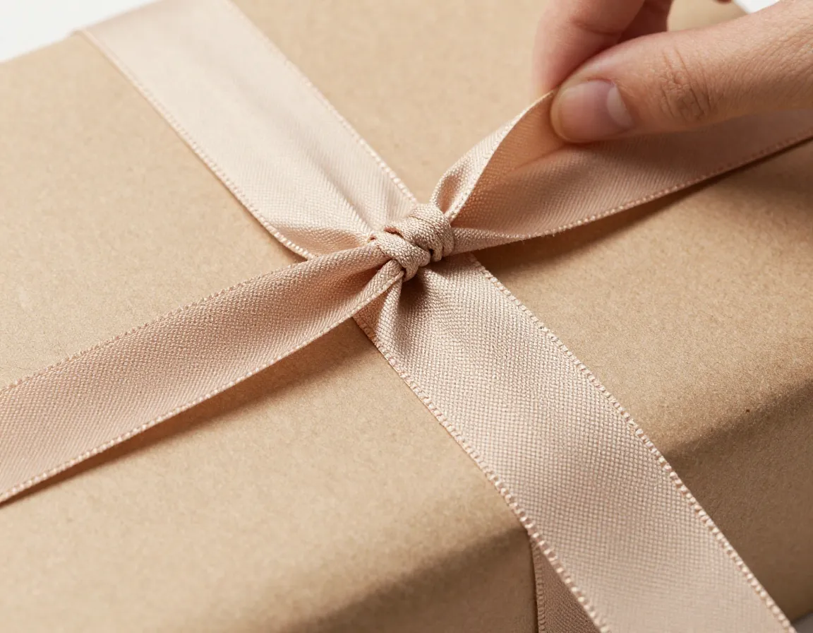 Professional gift wrapping detail showing ribbon and paper texture